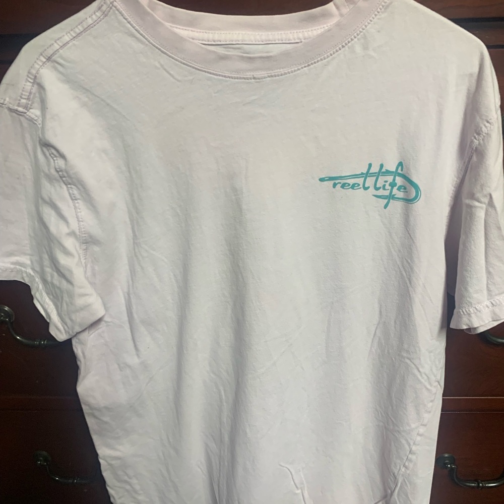 White Short Sleeve Tee with Classic Crew Neck and Teal Graphic